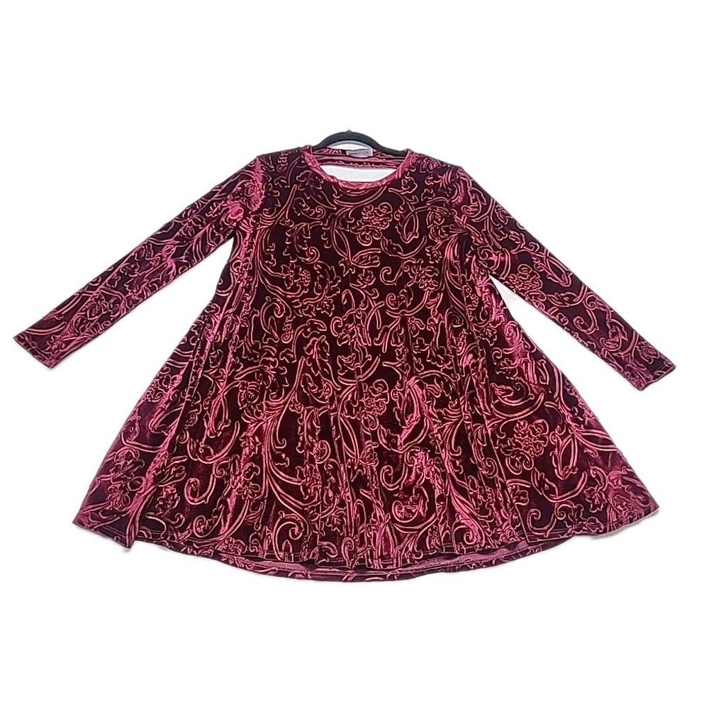 Basically Me Dark Red Maroon Velvet Printed Long Sleeve Dress Medium
